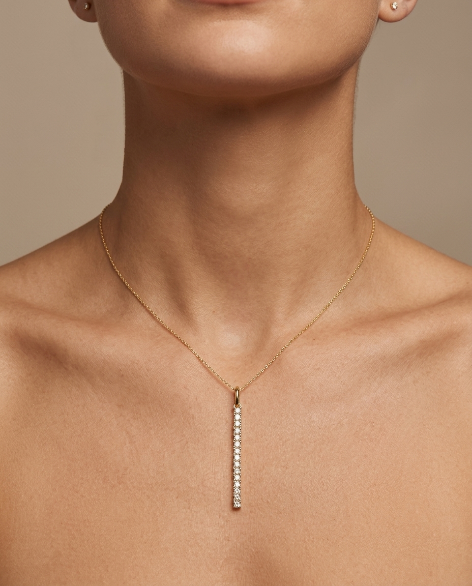14KT Yellow Gold Diamonds Linear Bar Pendent on model