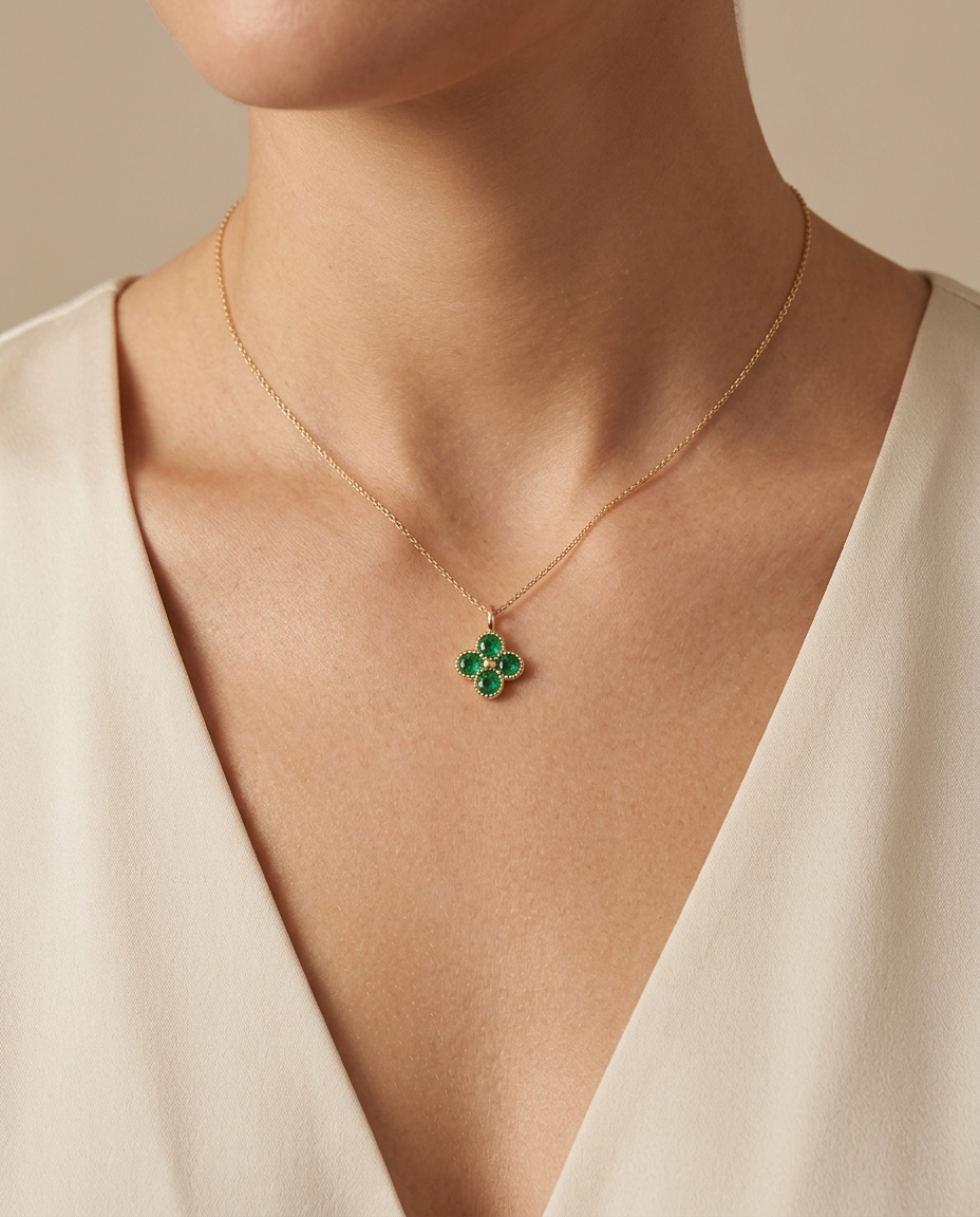 14KT Gold Emerald Clover Pendant on model