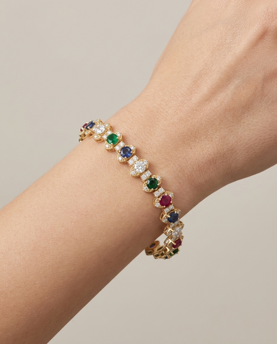 14KT Yellow Gold Diamond and Multi Sapphire Bracelet on model