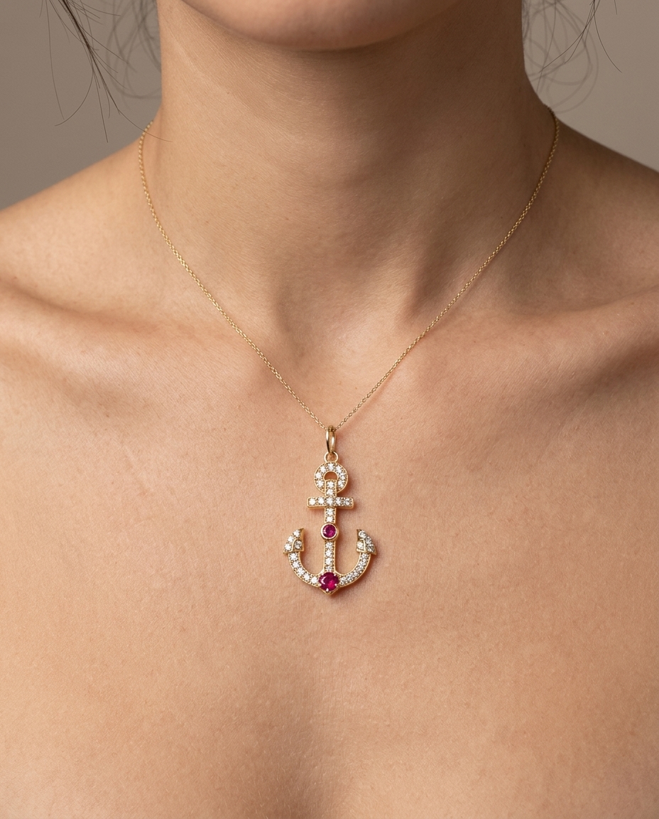 14KT Yellow Gold Pendant with Ruby and Diamonds on model