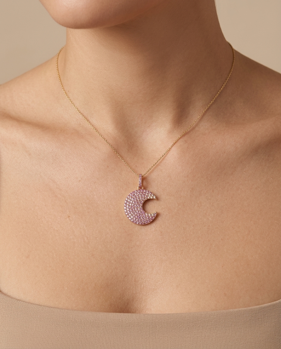 14KT Yellow Gold Half Moon Pendant with Pink Sapphire on model