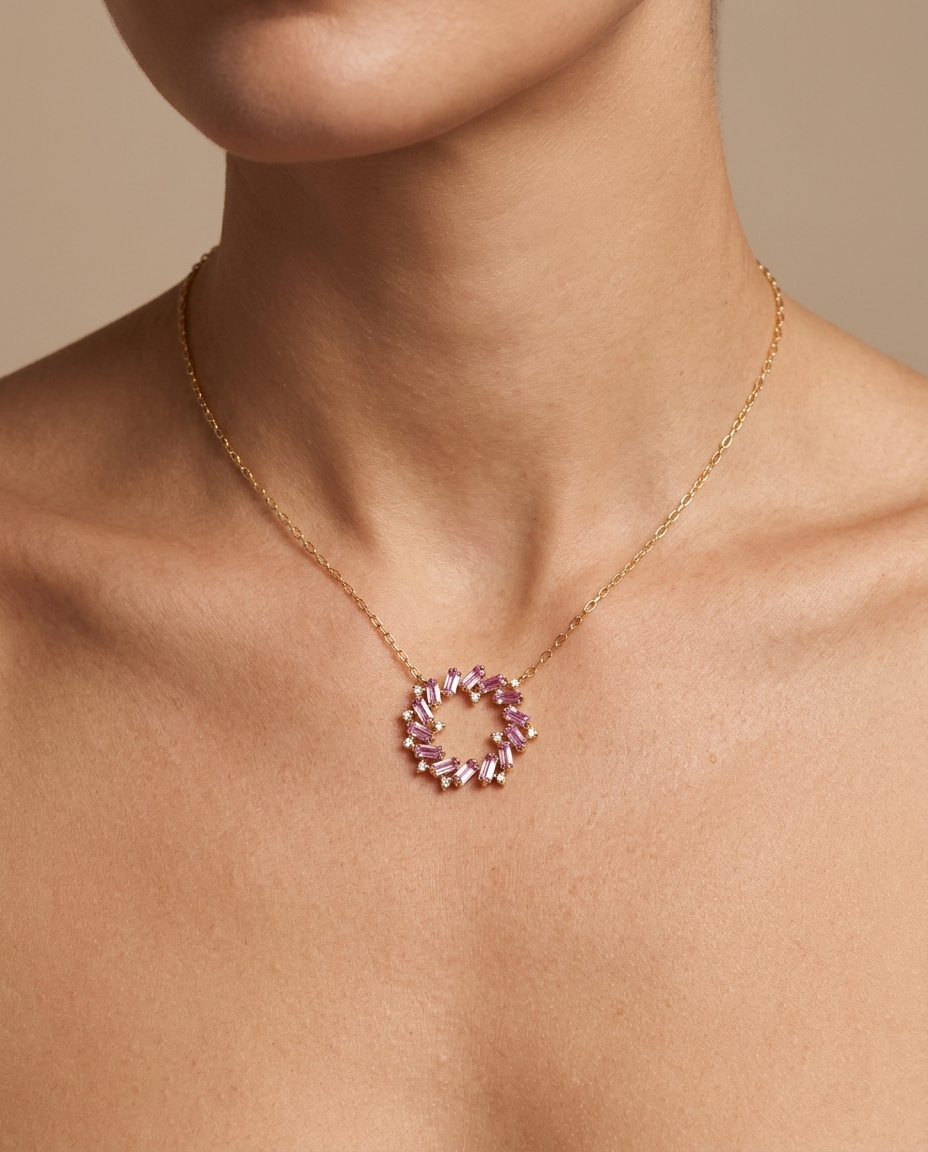 14KT Yellow Gold Pink Sapphire and Diamonds Necklace on model