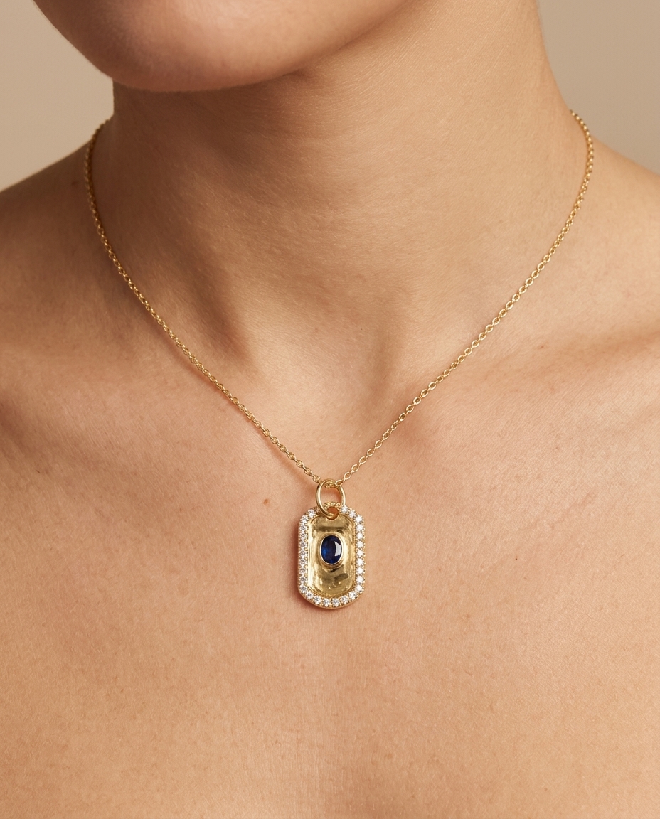 14KT Yellow Gold Diamonds and Blue Sapphire Dog Tag Pendant on model