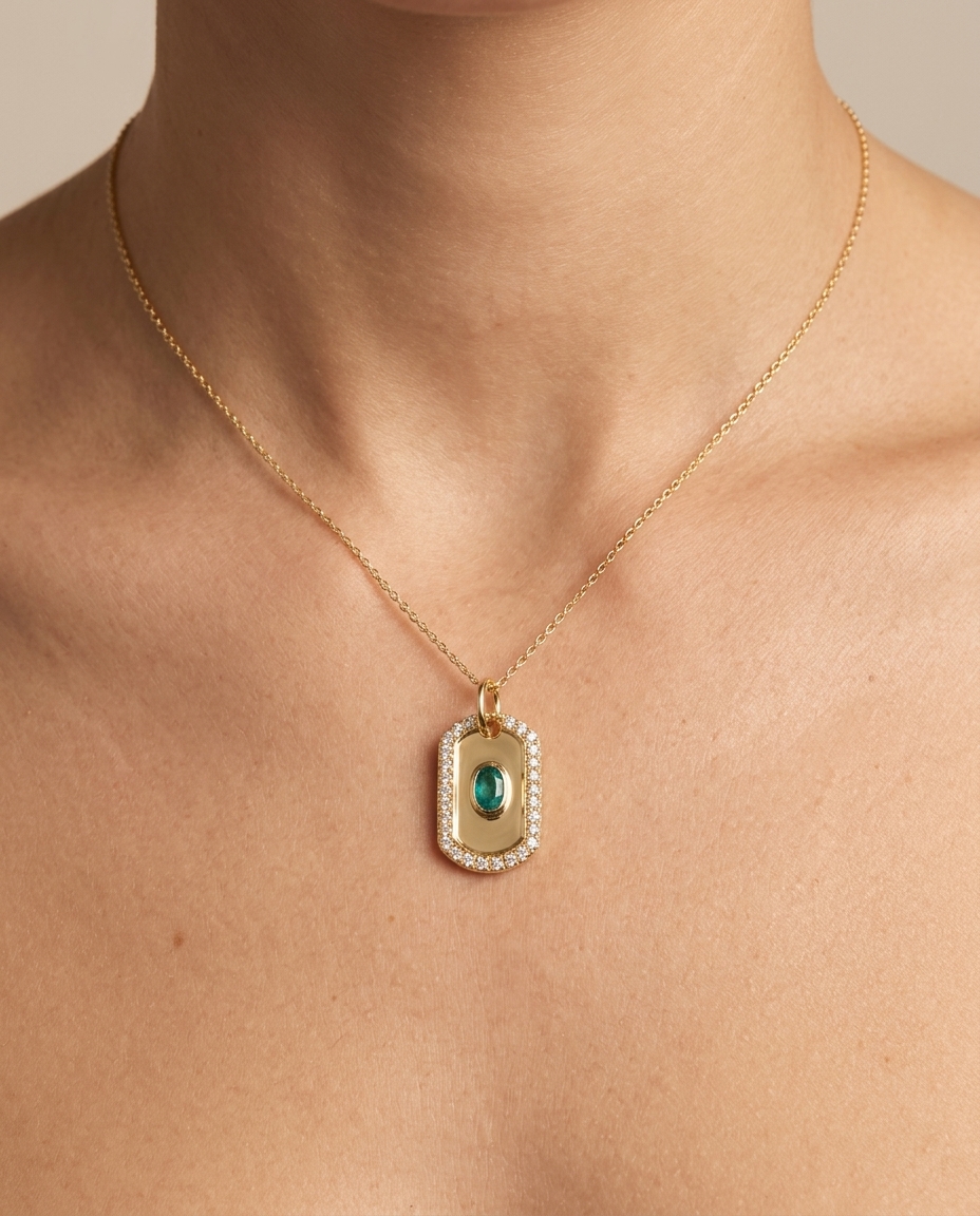 14KT Yellow Gold Diamonds and Emerald Dog Tag Pendant on model
