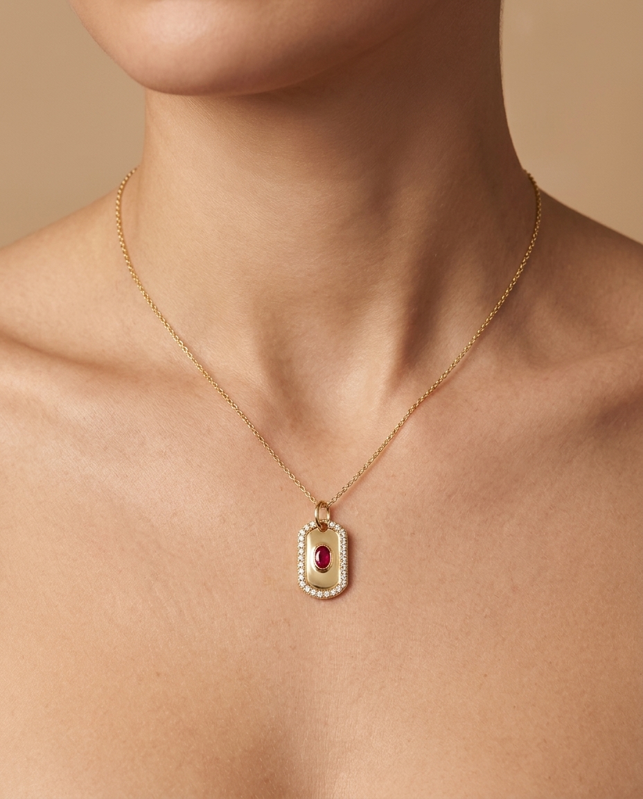 14KT Yellow Gold Diamonds and Ruby Dog Tag Pendant on model
