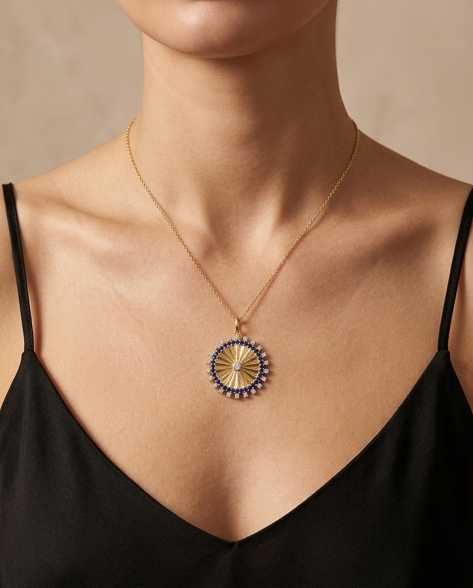14KT Yellow Gold Diamond and Blue Sapphire Circle Pendant on model