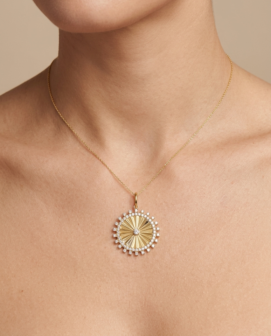 14KT Yellow Gold Diamond Circle Pendant on model