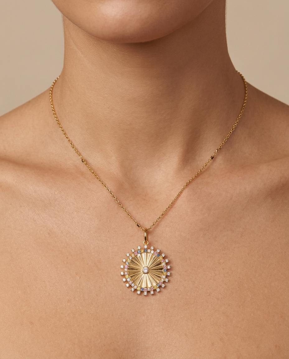 14KT Yellow Gold Diamond and Multi Sapphire Circle Pendant on model