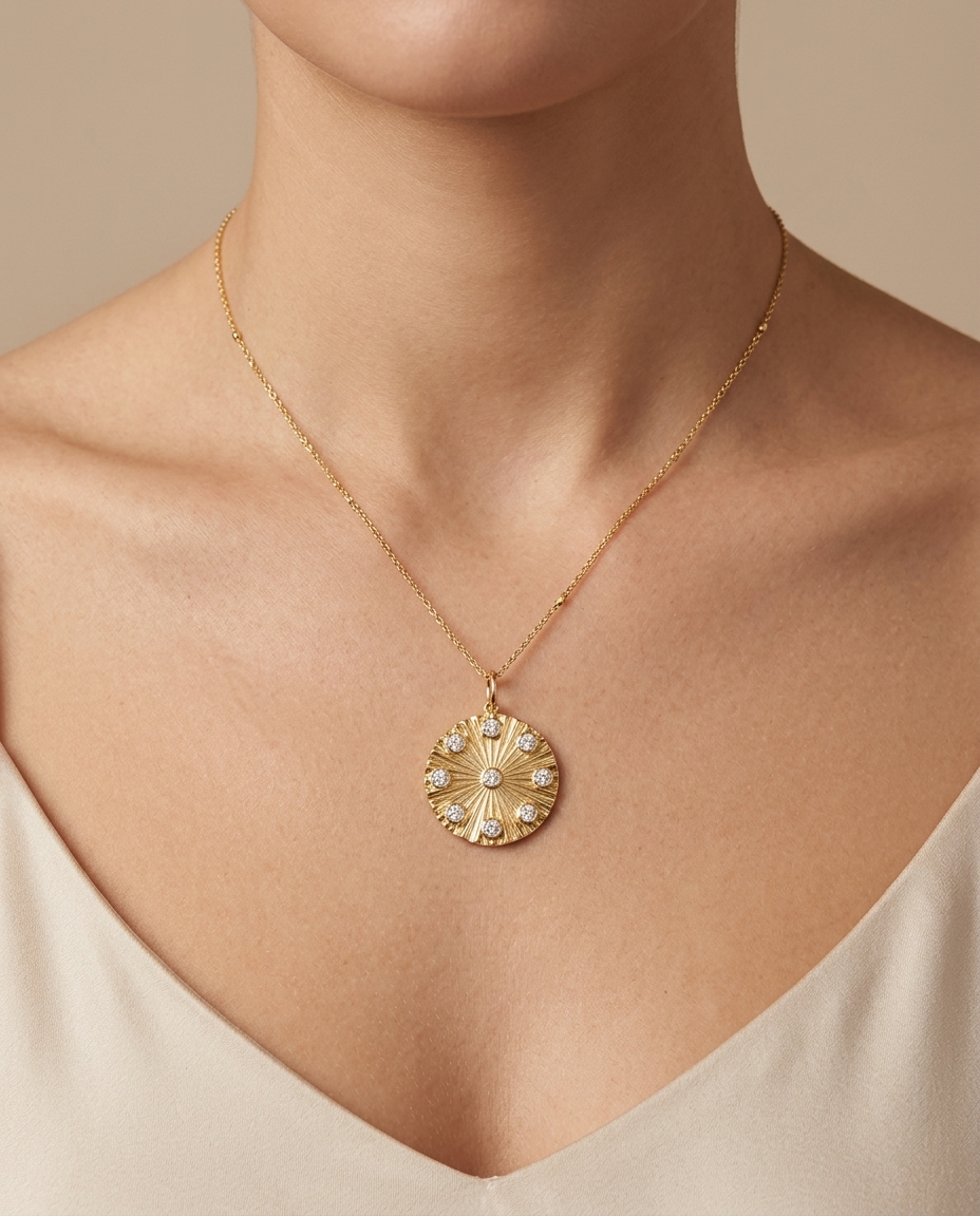 14KT Yellow Gold Diamond Circle Pendant on model
