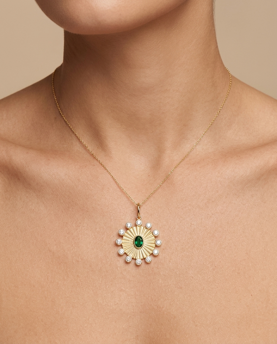 14KT Yellow Gold Emerald and Diamond Circle Pendant on model