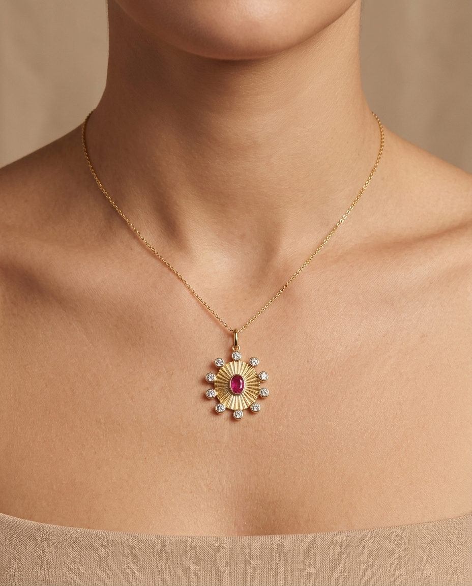 14KT Yellow Gold Ruby and Diamond Circle Pendant on model