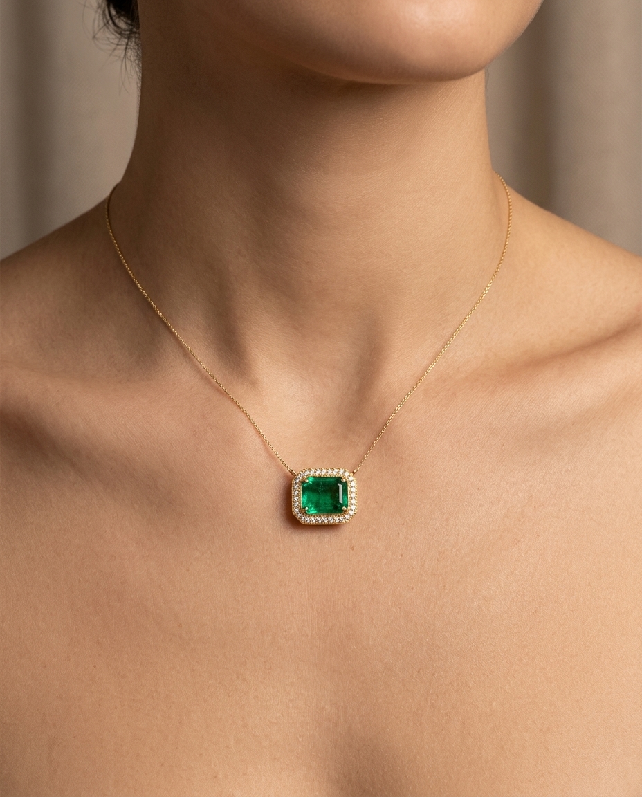 14KT Yellow Gold Diamond and Emerald Pendant on model