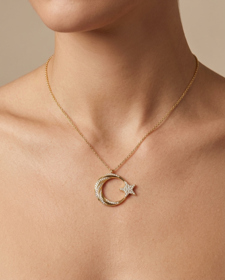 14KT Gold Half Moon and Star Diamond Pendant on model
