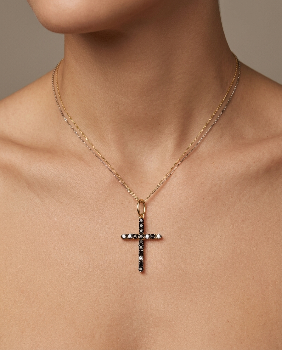 14KT Gold Black Diamond Cross Pendant on model