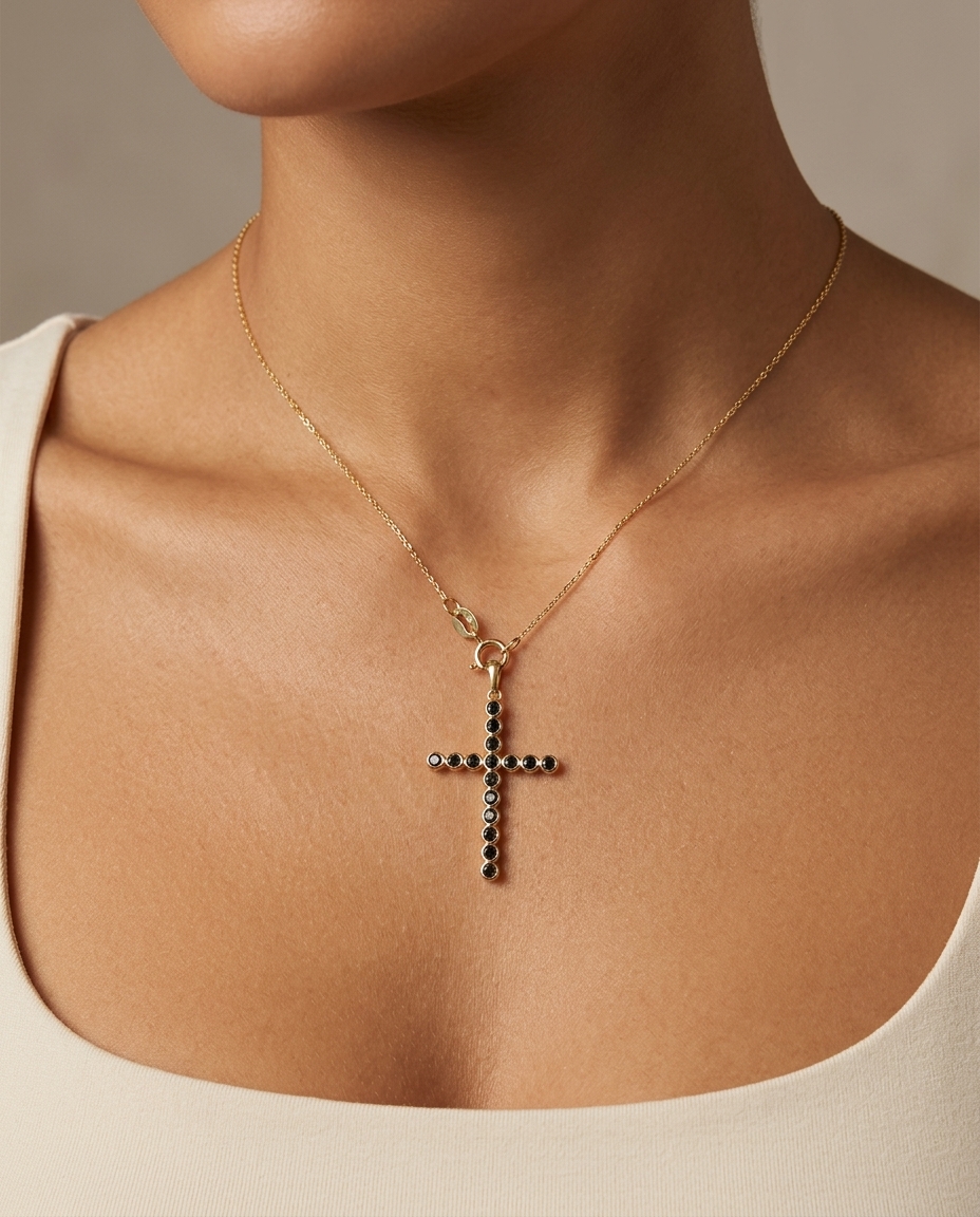 14KT Gold Black Diamond Cross Pendant on model