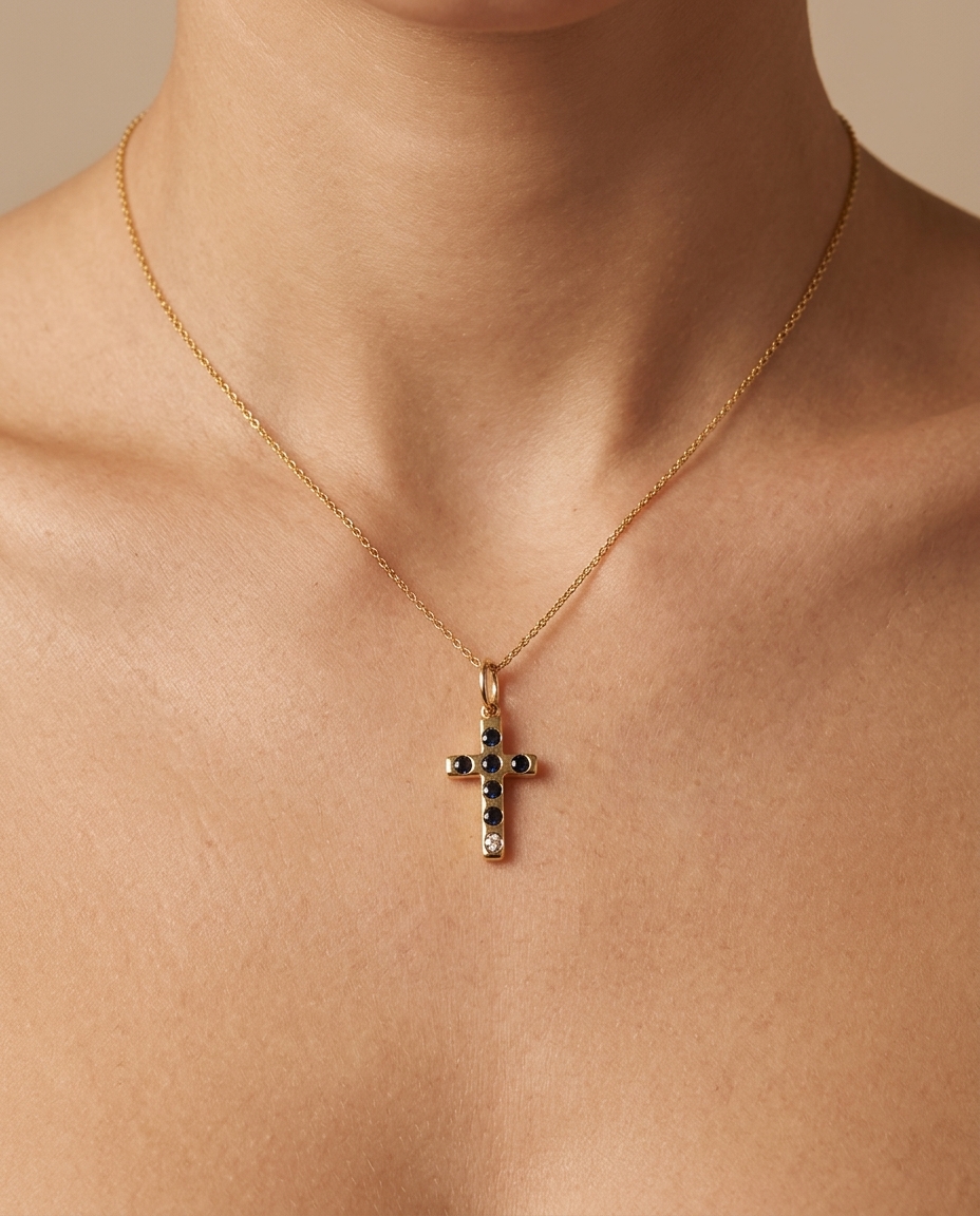 14KT Gold Black Diamond Cross Pendant on model