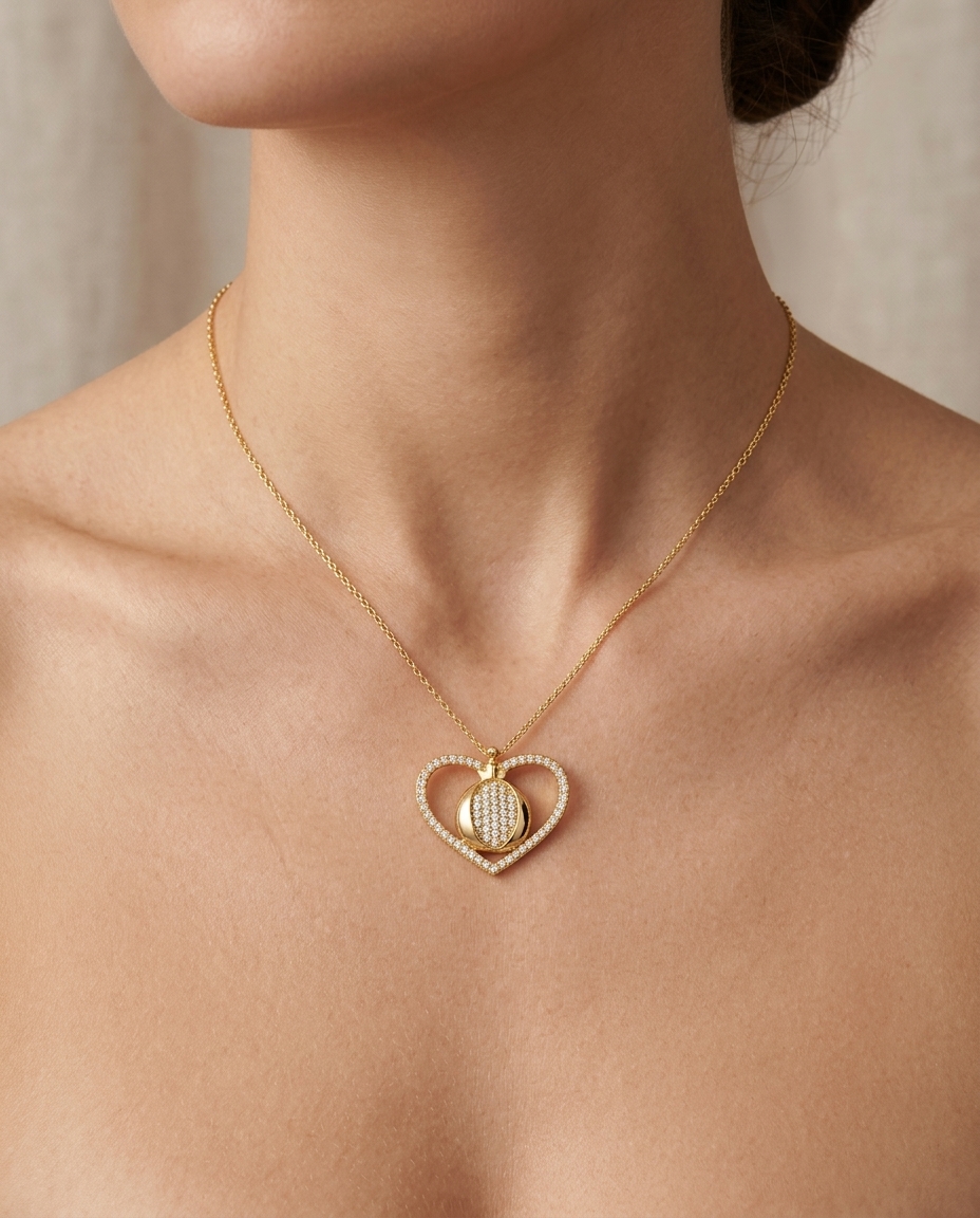 14KT Yellow Gold Diamond Heart Pendant on model