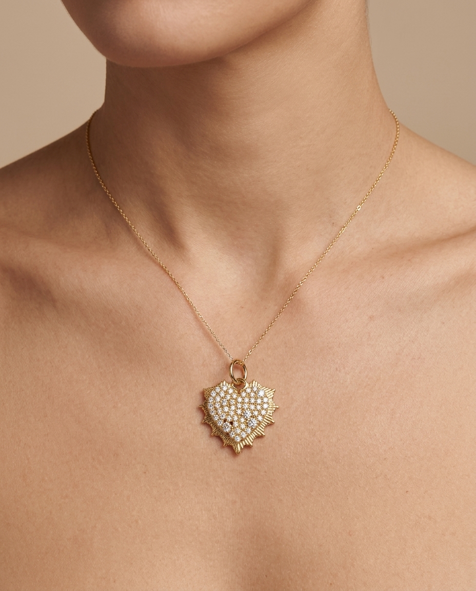14KT Yellow Gold Diamond Heart Pendant on model
