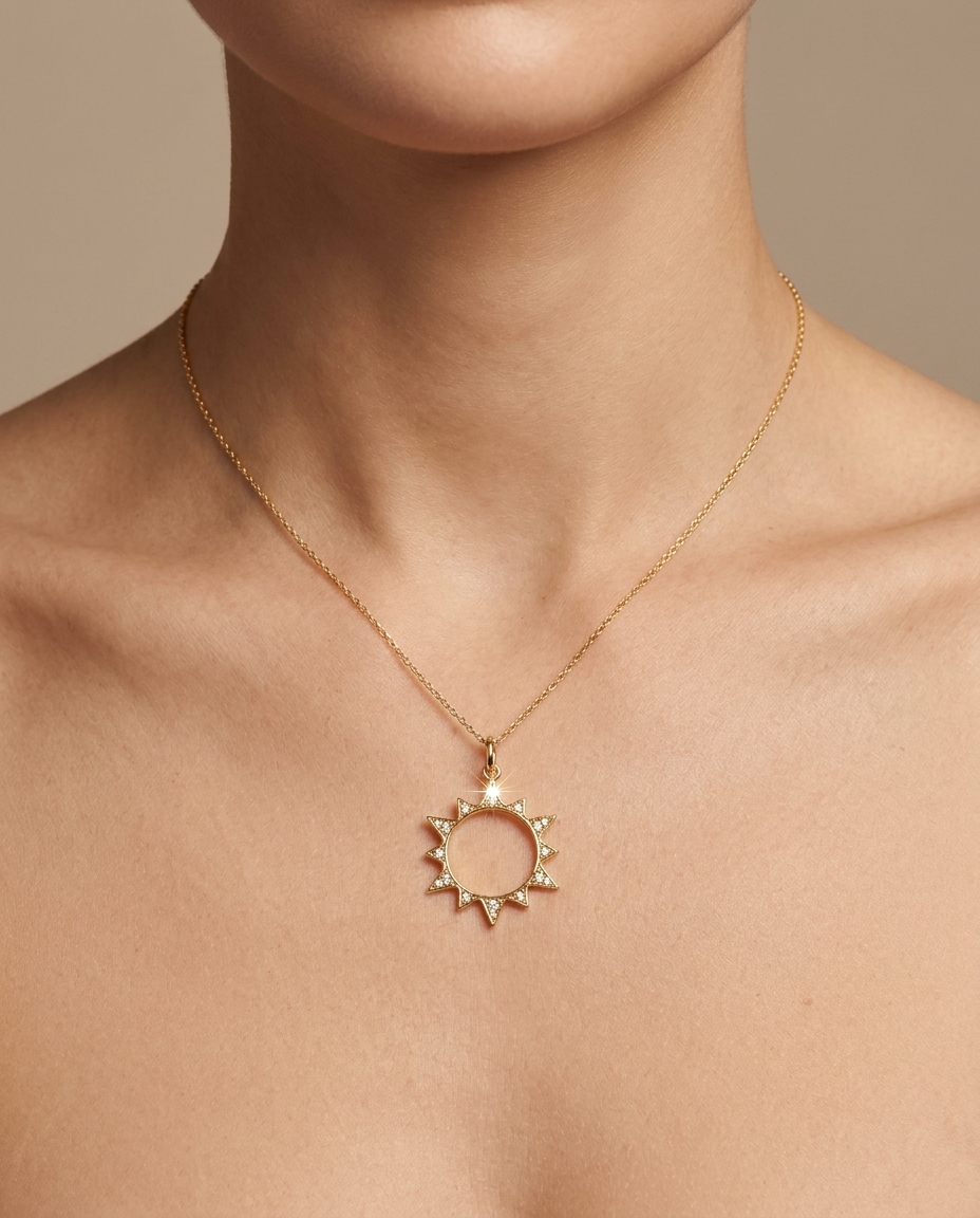14KT Gold Sun Diamond Pendant on model