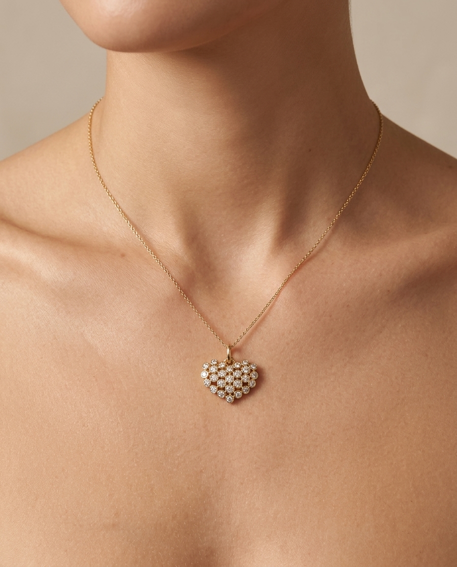 14KT Gold Diamond Heart Pendant on model