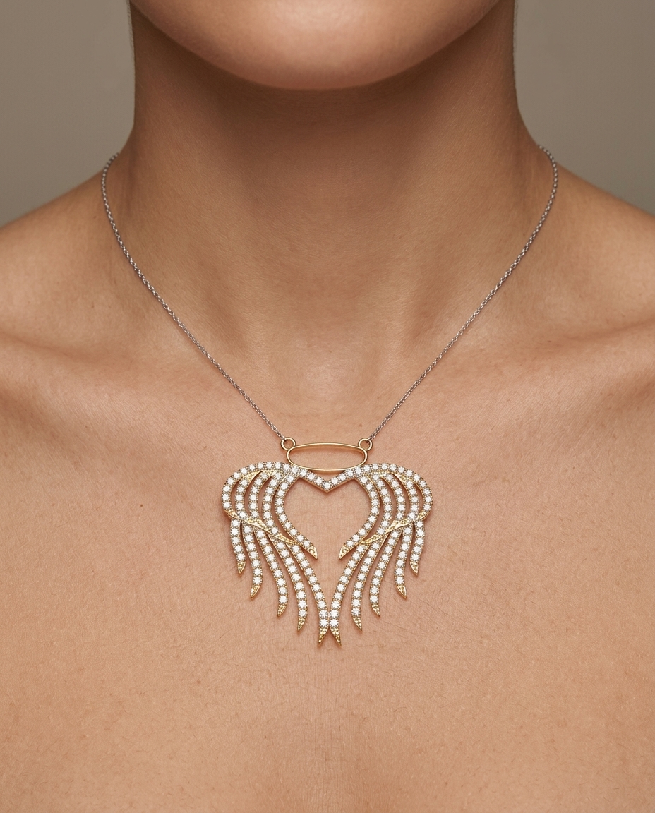 14KT Yellow Gold Diamond Heart Pendant on model