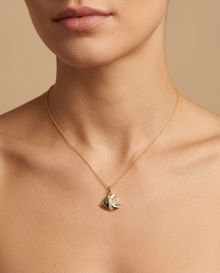 14KT Gold Blue Sapphire with Diamonds Fish Pendant on model