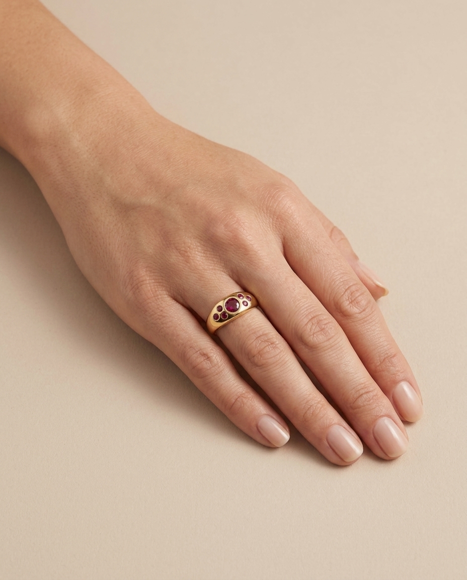 14KT Yellow Gold Ruby Ring on model