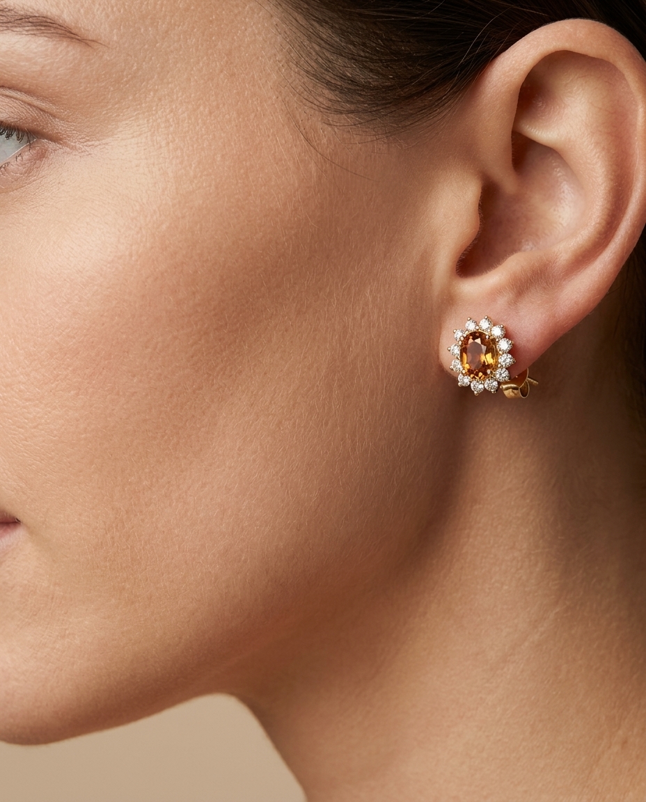 14KT Yellow Gold Orange Sapphire and Diamond Earrings on model