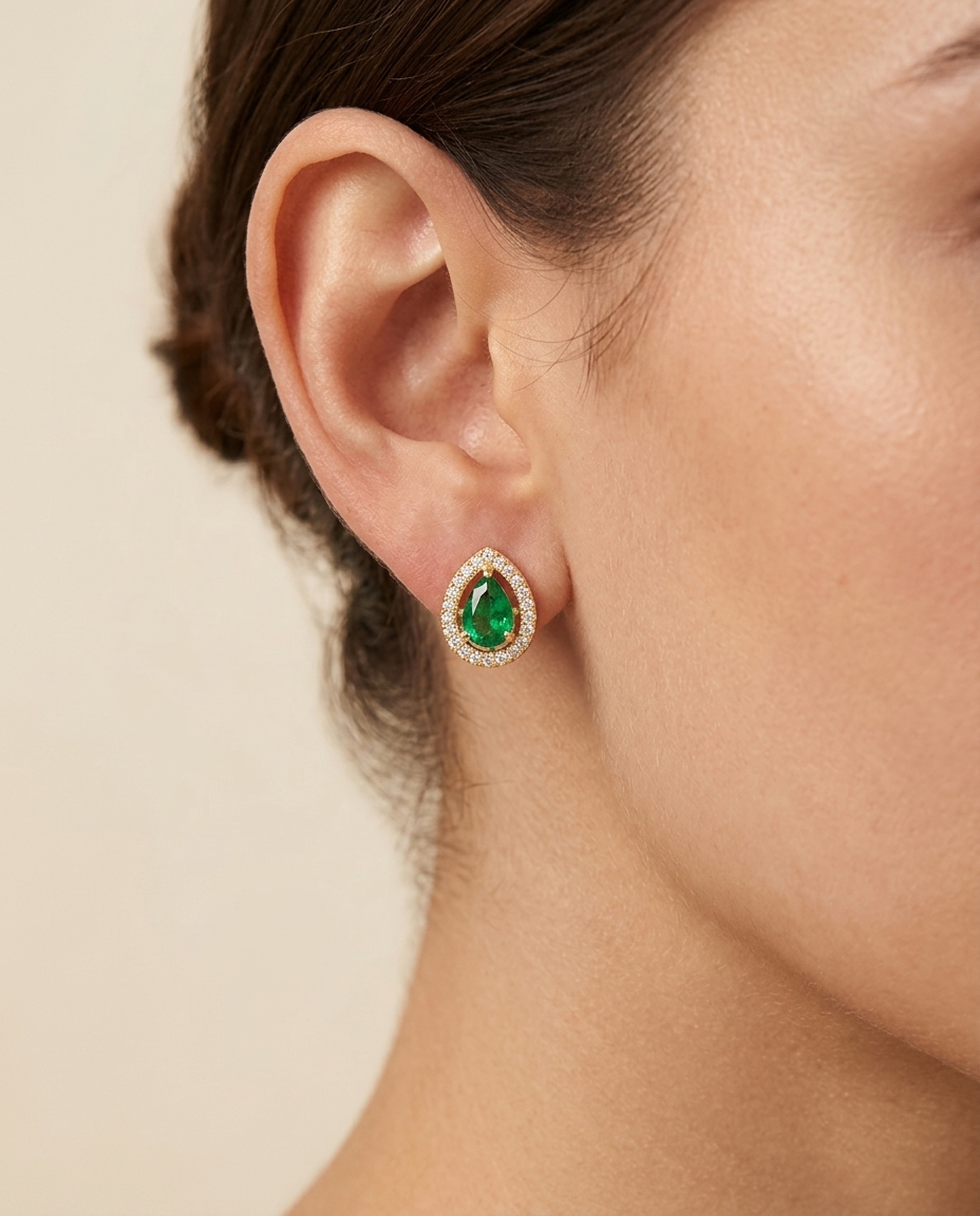 14KT Yellow Gold Emerald and Diamonds Earring on model