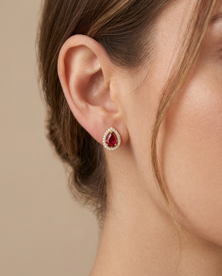 14KT Yellow Gold Ruby and Diamonds Earring on model
