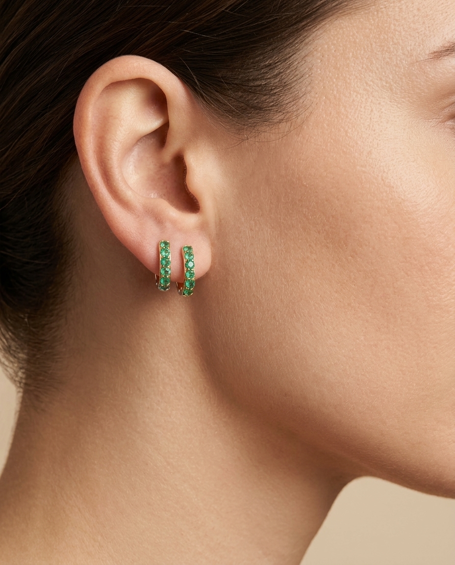 14KT Yellow Gold Emerald Earring on model