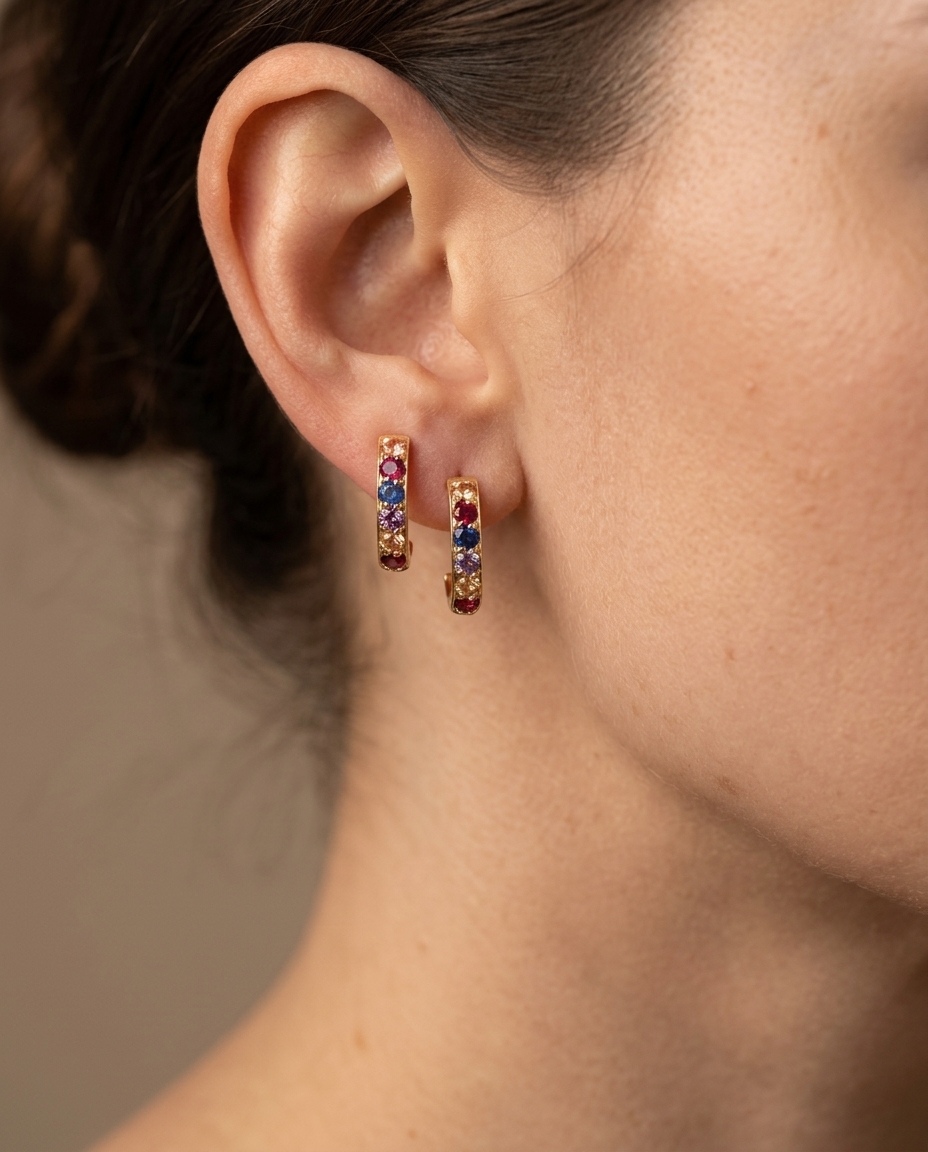 14KT Yellow Gold Multi Sapphire Earring on model