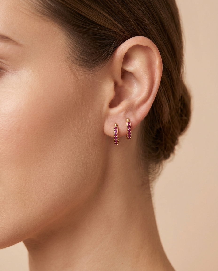 14KT Yellow Gold Ruby Earring on model