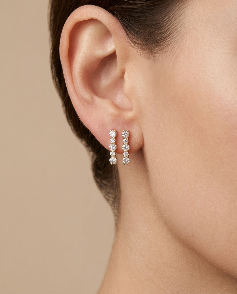 14KT Yellow Gold Diamond Bar Earring on model