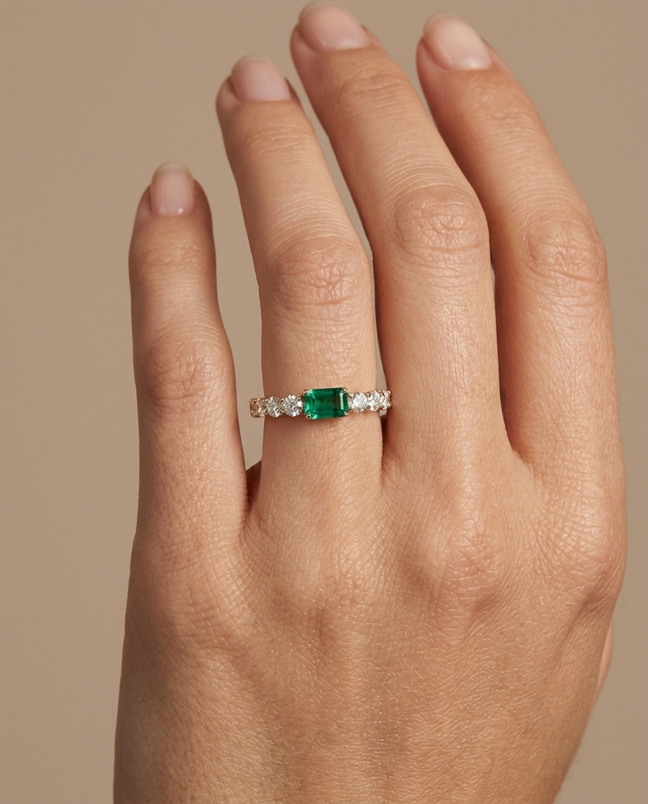 14KT Gold Emerald and Diamond Ring on model