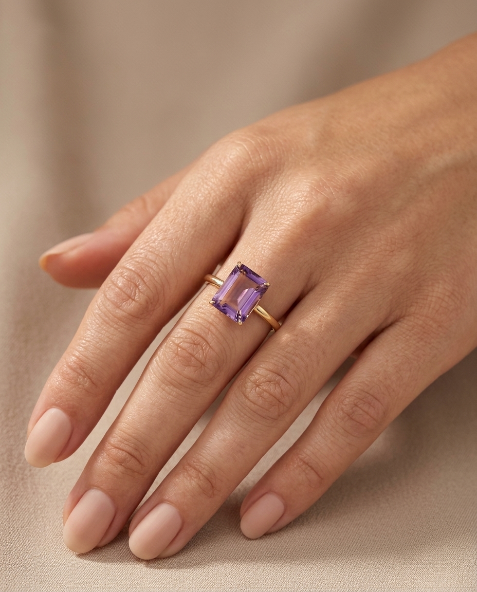 14KT Gold Amethyst Ring on model