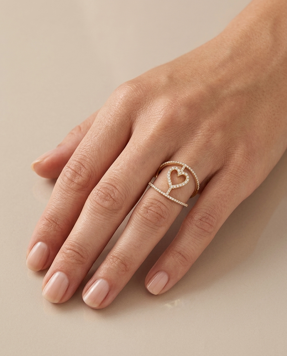 14KT Gold Diamonds Heart Shape Ring on model