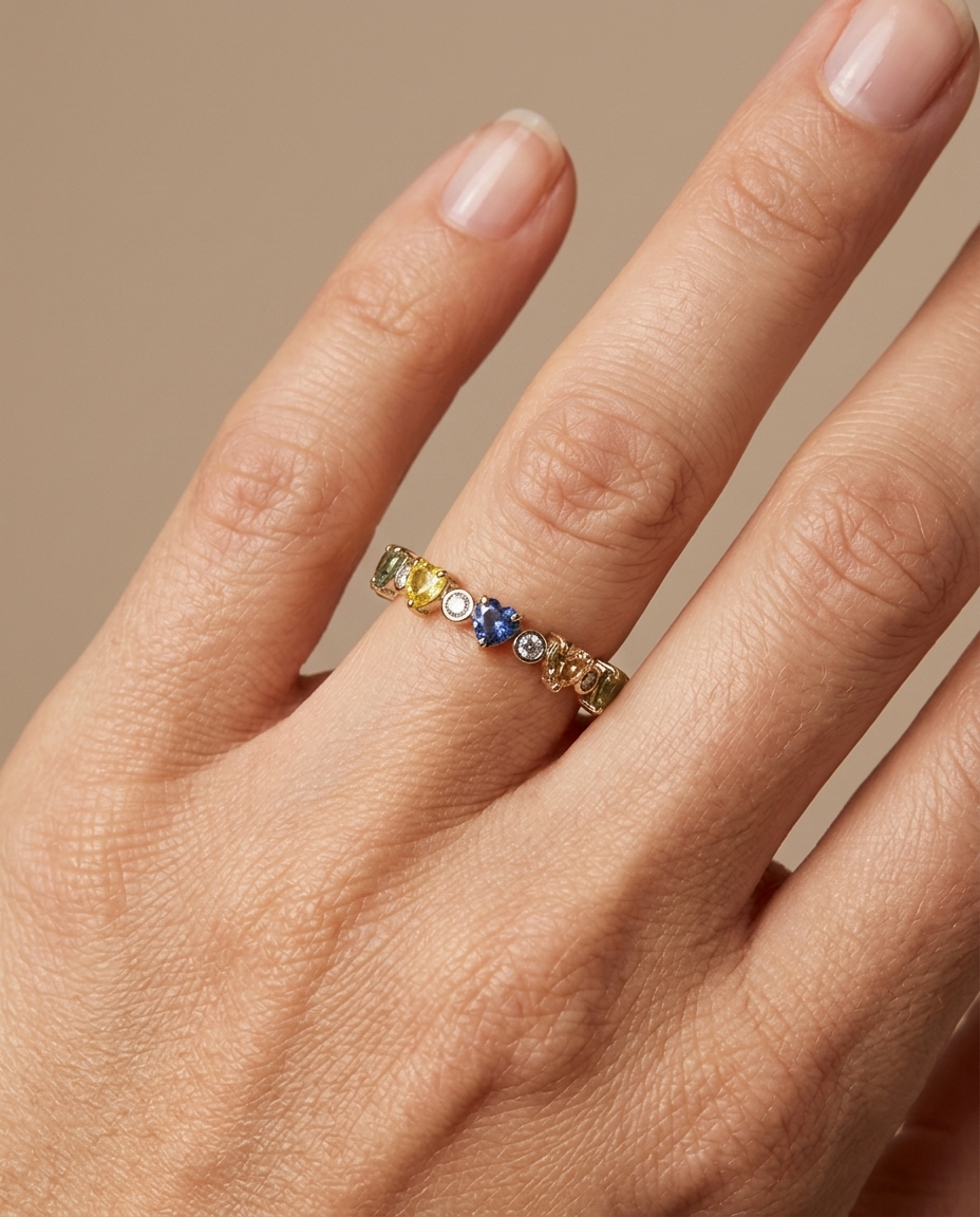 14KT Gold Heart Shape Multi Sapphire with Diamond Ring on model