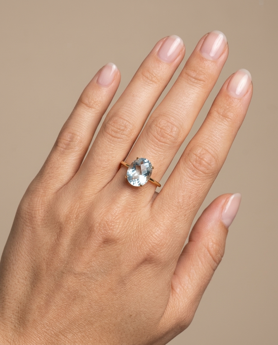 14KT Gold Rainbow Moonstone Ring on model