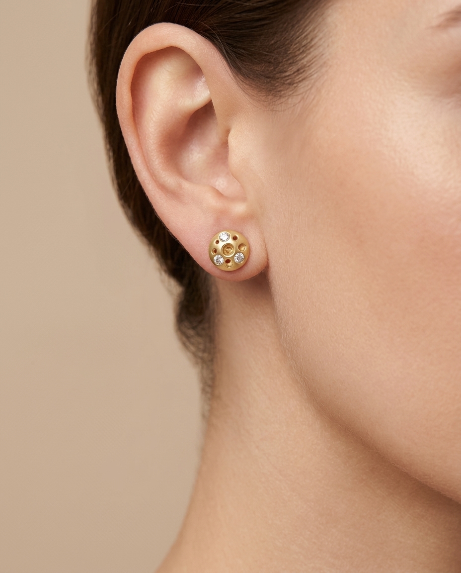 14KT Gold Round Earring with Diamonds on model