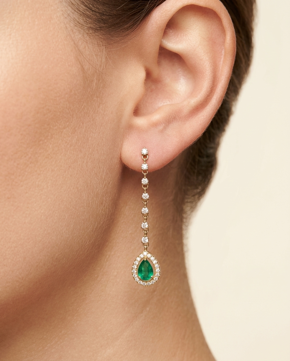 14KT Yellow Gold Emerald and Diamonds Earring on model