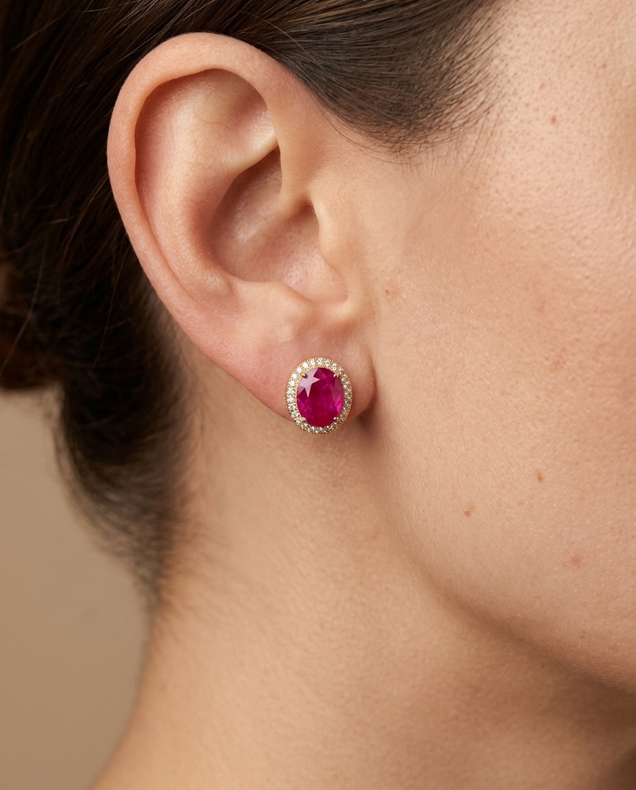 14KT Yellow Gold Ruby with Diamonds Earring on model