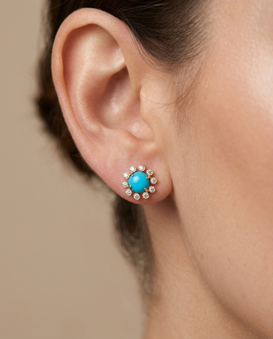 18KT Yellow Gold Turquoise and Diamonds Earring on model