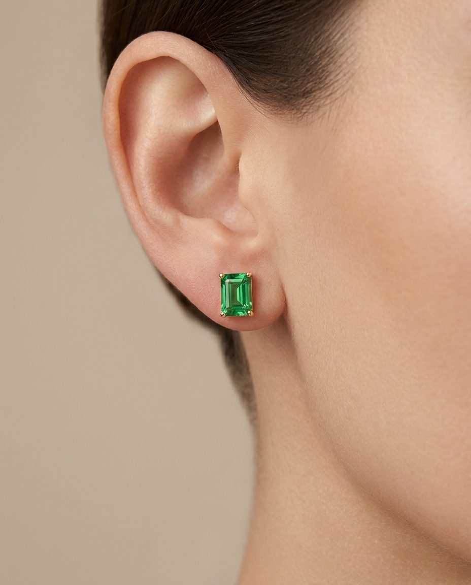 14KT Yellow Gold Green Sapphire Earring Studs on model