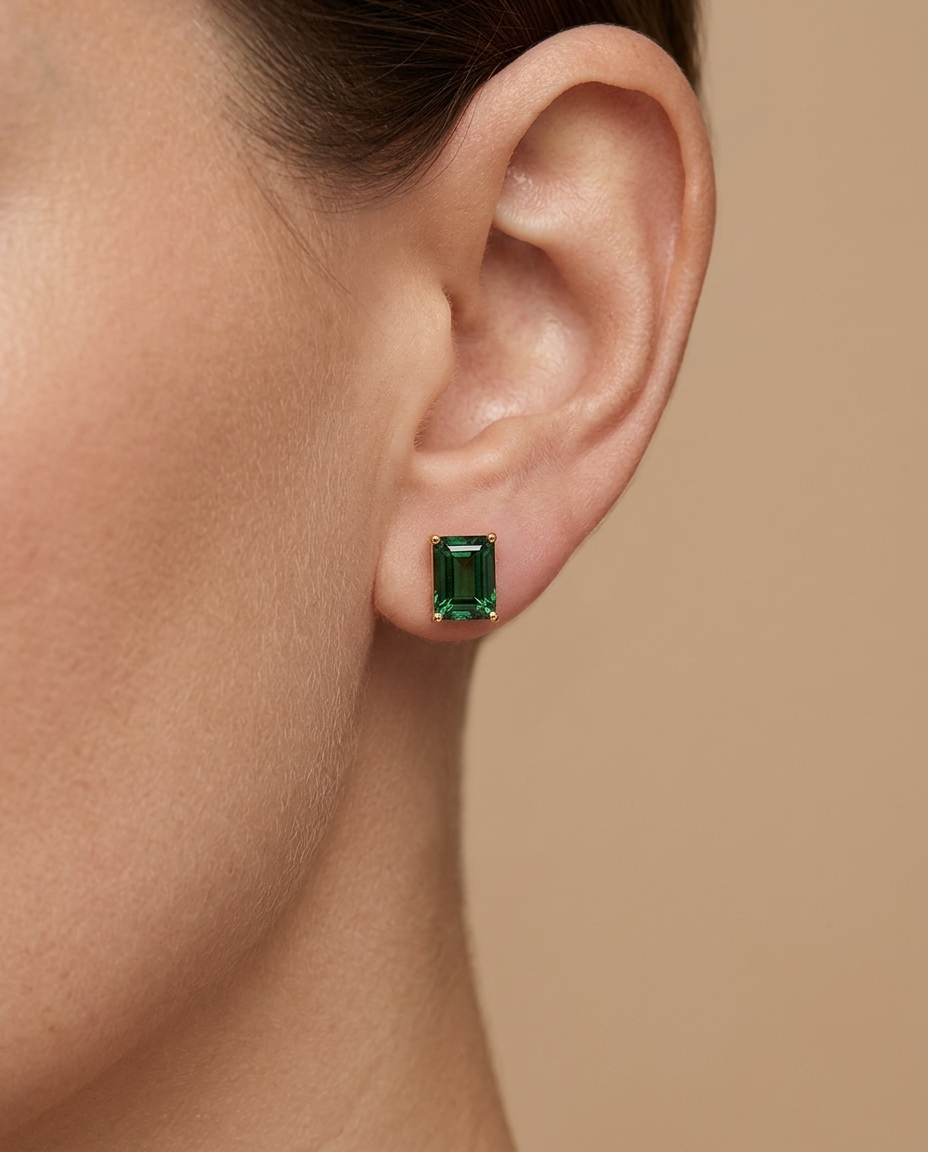 14KT Yellow Gold Green Tourmaline Earring Studs on model