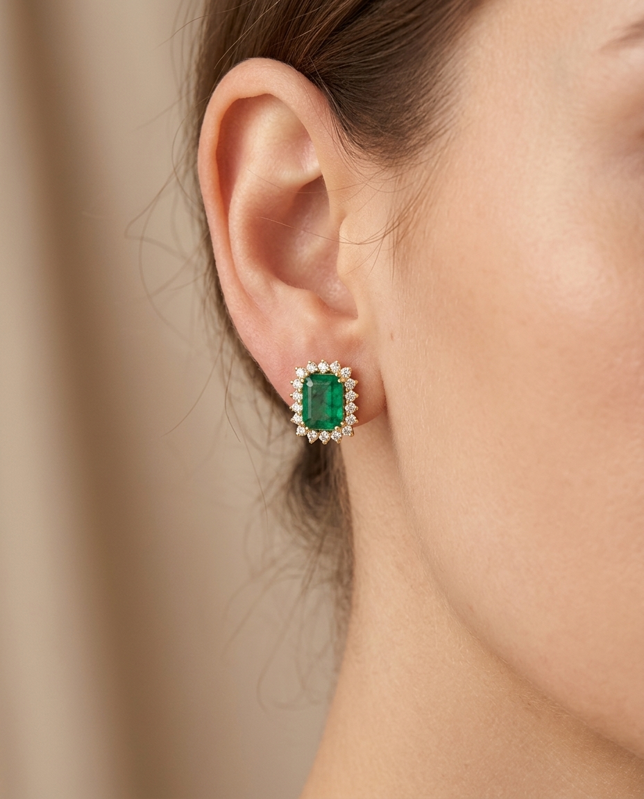 14KT Gold Emerald and Diamond Earring on model