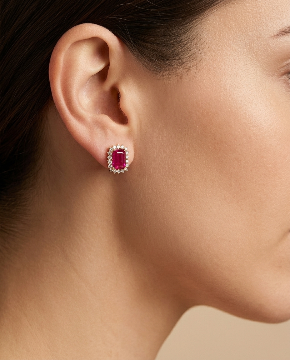 14KT Gold Ruby and Diamond Earring on model