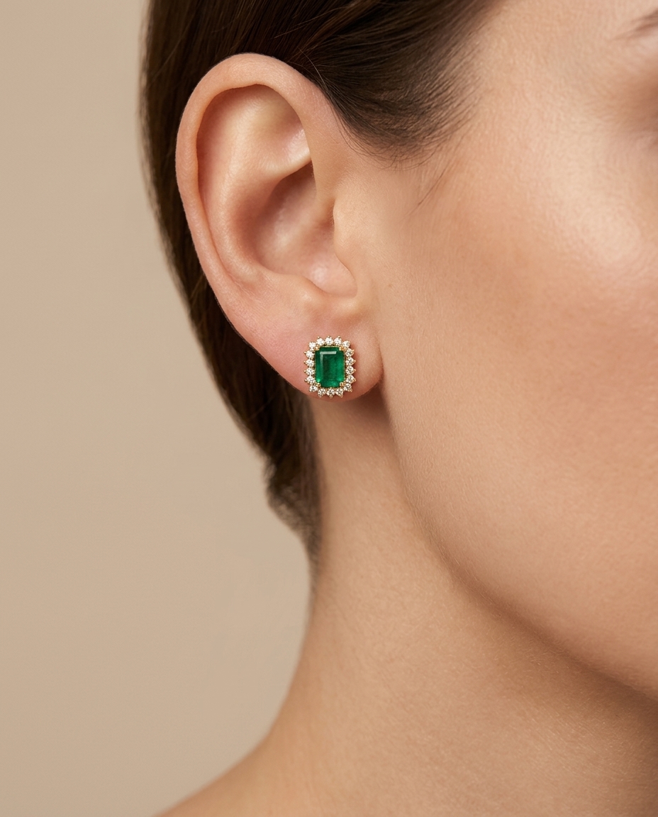 14KT Gold Emerald and Diamond Earring on model