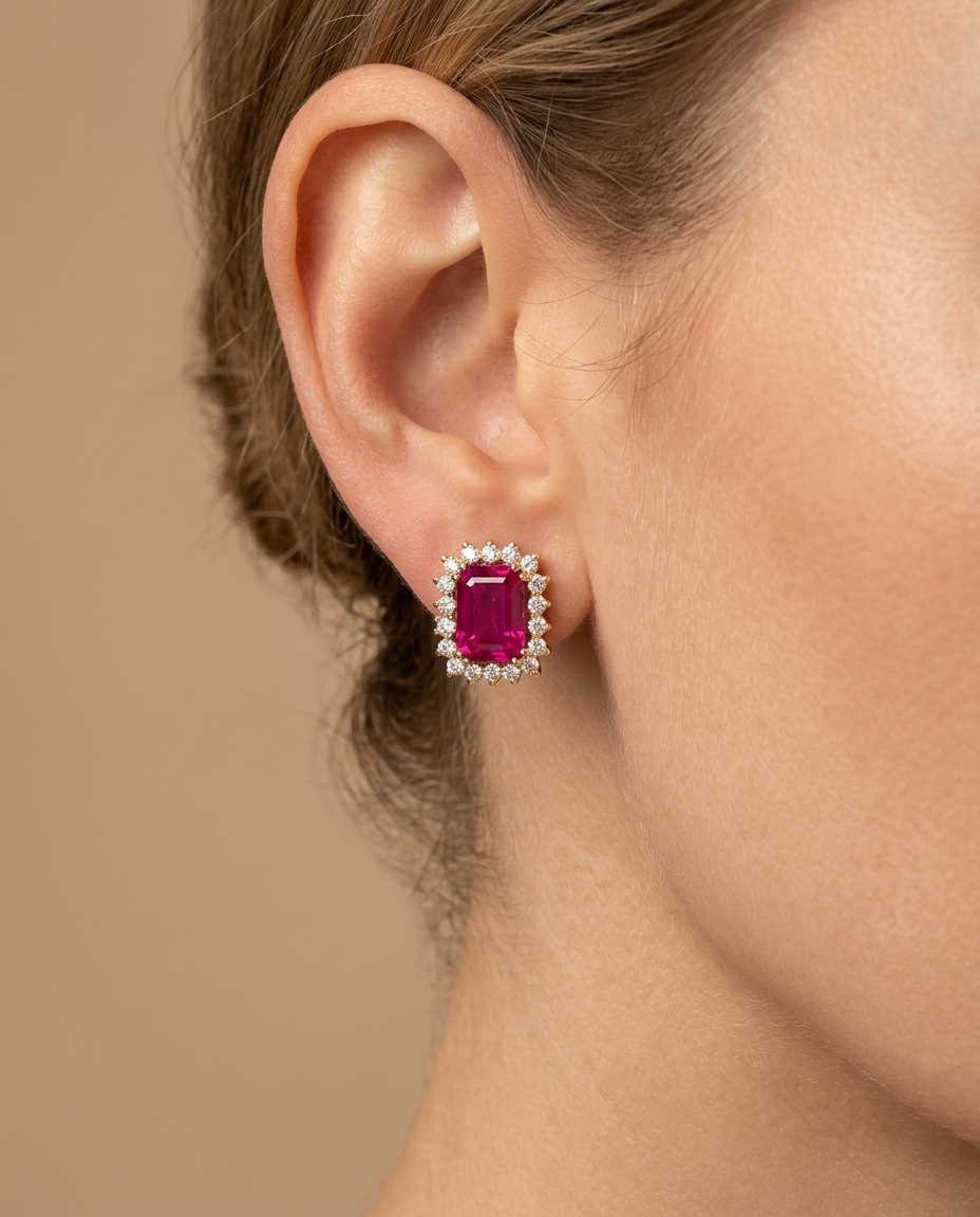 14KT Gold Ruby and Diamond Earring on model