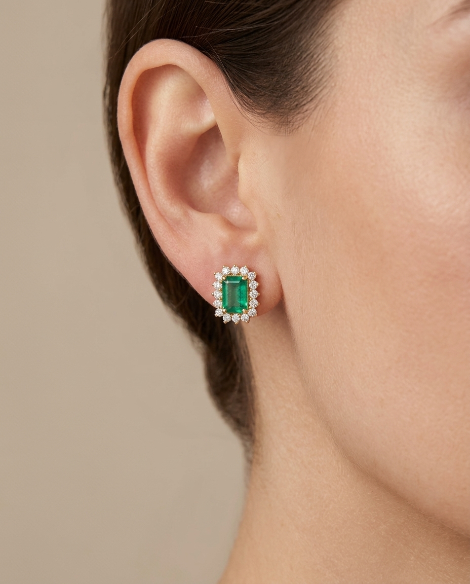 14KT Yellow Gold Emerald and Diamond Earring on model
